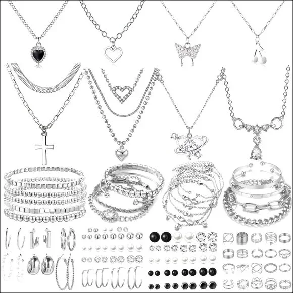 Silver Plated Jewelry Set with Adjustable Necklaces Bracelets Earrings Rings - Picture 1 of 7